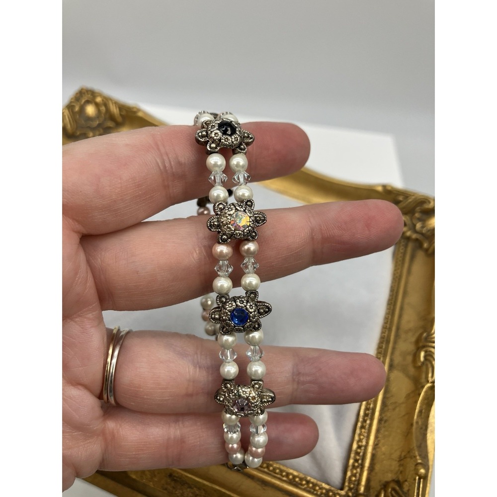 Handmade 2 Row Panel Bracelet Pearl Rhinestone Regal Royalcore Coquette Romantic - Picture 5 of 10